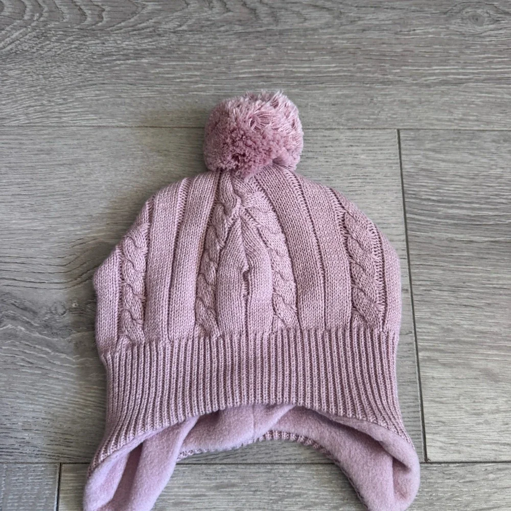 H&M Kids Pink Cable Knit Fleece Lined‎ Earflap Beanie Pom Hat 9-12 M